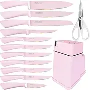Knife Block Set,13 Pcs Kitchen Knives Set with Holder,Professional Japanese Chef Knife Set,Stainless Steel Carving Slicing Paring Bread Knife,Steak Knives,Resin Handle,Pink Color