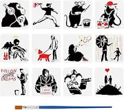 FINGERINSPIRE 12 Pcs Banksy Drawing Stencil with Paint Brush 11.8x11.8inch Banksy Girl Boy Man Angels Clown Chimpanzees Rats Painting Template Banksy Theme Stencil for Painting on Wood Wall Furniture