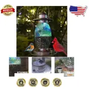 Charming Hanging Solar Bird Feeder - Lantern Shape with Stained Glass Design