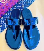 NIB Tory Burch Mini Everly Flat Sandals Black Soft Patent Leather W Logo Sz 8