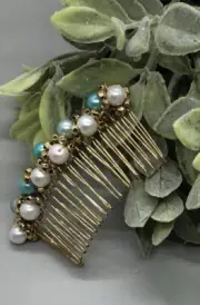 Bridal Wedding Teal Blue gold white Hair Accessories 3.5” metal gold comb