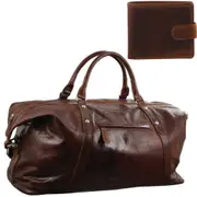 Pierre Cardin Rustic Cognac Leather Overnight Bag + BONUS Wallet 2813