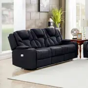Electric Recliner Rhino Fabric Black Couch 3 Seater Lounge with LED Features Sofa