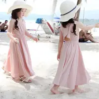 在飛比找momo購物網優惠-【橘魔法】心機小露背沙灘背心長裙洋裝 親子裝 大童 連身裙(