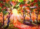 Original Acrylic Autumn Landscape Painting Sunlit Path Wooden Bench Scene
