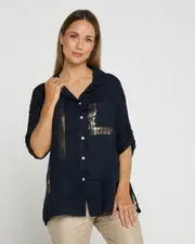 Giovanna Linen Shirt - Navy Gold Foil