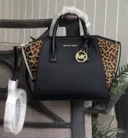MICHAEL KORS AVRIL SMALL ZIP SATCHEL CROSSBODY BAG BLACK LEATHER LEOPARD PRINT