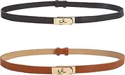 [UxClishe] 2 Pack Women Skinny Leather Belt, Adjustable Slim Thin Waist Belt Alloy Turn Lock Ladies Fashion Waistband Decorative Belt Classic Solid Color Belts for Jeans Pants Dresses Coat, Multicolor,