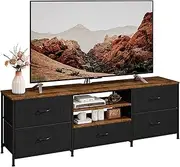 Dynus TV Unit Cabinet for TV up to 65 inch,Wood TV Stand with 5 Fabric Drawers, 3 Tiers Wood Console Table, Entertainment Center with Open Shelves, Metal Frame TV Cabinet for Living Room, Bedroom