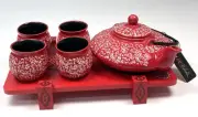 HONG GAO YUAN Superior Red Ceramic CHINESE TEAPOT SET w/ Tray & 4 Cups NWT NEW
