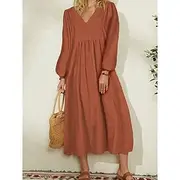 Women's Midi Dress Cotton Linen Dresses Casual Dress Elegant Stylish Basic Lantern Sleeve Vacation Party Daily Loose Fit Plain Long Sleeve V Neck Black Orange