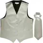 New Men's Formal Tuxedo Vest Waistcoat solid & Ascot cravat silver Prom