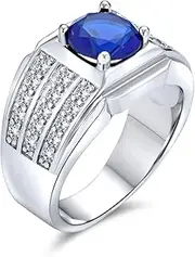 [Bling Jewelry] Traditional Unisex Personalize 3CT Simulated Blue Sapphire AAA CZ Square Princess Cut Solitaire Mens Engagement Ring Pinky Ring Silver Plated For Men Customizable