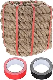 sourcing map Jute Rope 2 Inch x 30ft, Heavy Natural Thick Twisted Rope with 2 Roll Tapes for Crafts Railing Docks Tug of War Swing Nautical Landscaping