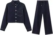 [Generic] Women's Denim Short Single Breasted High Waisted Wide Leg Pants Set, Casual and Loose Commuting Denim Set