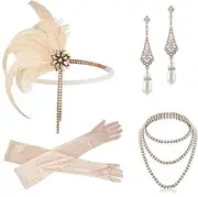 [KOVCOAP] 1920s Flapper Accessories Set for Women Retro Elegant Feather Headband Vintage Pearl Necklace Earrings and Gloves Costumes for 20's Parties, Proms, Cosplay, Halloween Fancy Dress up Party, One
