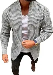 [SWJGLITTR] Mens Shawl Collar Cardigan Slim Fit Knitted Sweater Cardigans Casual Cable Knit Jacket Sweater, Light Gray, Large