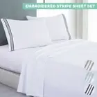 Ultra Soft Flat&Fitted Sheet Set Double Queen King Single Bed Embroidered Stripe