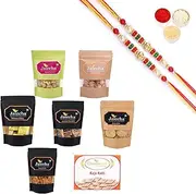 Ghasitaram Gifts Rakhi Gifts for Brothers Rakhi Sweets - Best of 7 Kaju Katli Box, SOYA Sticks Pouch, Coin Biscuits Pouch, Methi Mathi Pouch, Barbeque Cashews Pouch, MEWA Bites Pouch, Assorted Chocolates Pouch With 2 Beads Rakhis