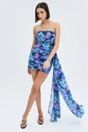 Multi Floral Sash Dress Bandeau Chiffon Draped Mini Dress - Size 12, Women's Bodycon Dress