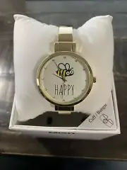New LADIES Watch Gold Hinged Cuff Bee Happy Honeybee Fits 6-1/2” - NIB - L@@K