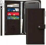 JUST4YOU Alpha Premium Handmade PU Leather Zipper Clutch Kickstand Feature Flip Cover Case with Credit Card Holder Slots and Hand Strap Compatible with Apple iPhone 11 Pro Max - Brown