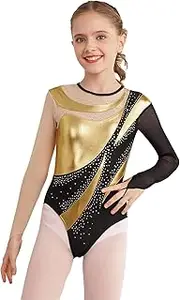 [Miutii] Kids Girls Long Sleeve Gymnastic Leotard Metallic Rhinestone Dance Skating Unitard Competition Bodysuit Dancewear