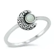 Crescent Moon Ring Sterling Silver 925 White Lab Opal Face Height 8 mm Size 7