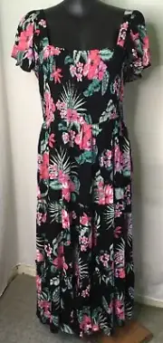 AUTOGRAPH BLACK “TROPICAL FLOWER”SHIRRED BODICE MAXI TEIR DRESS SZ 24 NEW STOCK