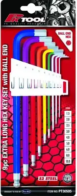 PT30505 - PkTool - 9pc METRIC EXTRA LONG BALL END HEX KEY SET