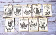 9~Vintage~Ephemera~Farm Roosters~Junk Journal~Linen Cardstock~Gift~Hang~Tags