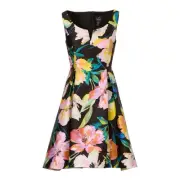ADRIANNA PAPELL Floral High Low Mikado Sleeveless Dress Size 8 Black Pink Yellow