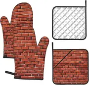 Red Brick Wall Oven Mitts and Pot Holders 4 Sets Heat Resistant 356°F Kitchen Oven Mitt and Potholder Long Oven Gloves for Kitchen Non-Slip Cooking Gloves Hot Pads for Baking BBQ