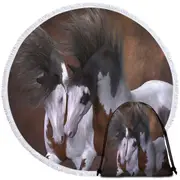 Horse Art Two Young White Brown Pinto Horses Round Beach Towel