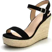 Women's Platform Espadrille Wedge Sandals Buckle Ankle Strap Peep Toe Tan Heel