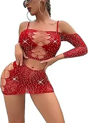 [Generic] Sexy Sparkle Rhinestone Bodysuit - Exotic Fishnet Lingerie Set Rave Outfit Tube Crop Top Cutout Skirt Mesh Jumpsuit