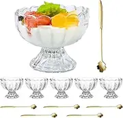 6 Set Ice Cream Spoons & Bowls, Scalloped Transparent Glass Cups for Dessert, Fruit, Salad, Snack