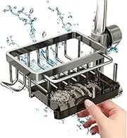 Kitchen Sink Faucet Organizer, Faucet Storage Rack with Drain Tray & Towel Rack, Multifunction Sponge Holder for Kitchen Sink, Kitchen Bath Accessories for 1.8-2.8 cm Round Water Pipe (Grey, Left)