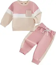 [MAHUAOYIXI] Toddler Baby Girls Boys Outfits Contrast Color Long Sleeve Sweatshirt Top with Elastic Waist Pants Sets 2Pcs Baby Clothes for Boys Girls Fall Winter Spring, Pink, 12-18 Months