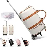 [Generic] Trendfetchus Foldable Travel Bag 2.0, Lightweight Expandable Duffel, Large Capacity Garment Travel Bag, Expandable Duffel, with Trolley Glide Wheels (White Brown,Roller)