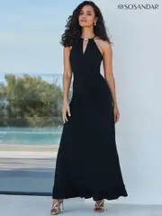 Sosandar Black Ruched Front Halter Neck Jersey Maxi Dress (Q61076) | $173