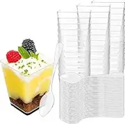 LimCryspp 50 Square Dessert Small Cups, Mini Transparent Plastic With Spoons, Reusable and Washable for Mousse, Pudding, Ice Cream, Desserts, Beverages