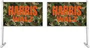 2 Pack Harris Walz Car Flag with 20.5 Inch Poles - 12" x 18" - Camoflauge with Orange Letters
