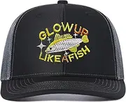 [Bukesiyi] Fishing Trucker Hat, Black and Grey Mesh Snapback Cap, Embroidered 'Glow UP Like A Fish' Fish Design, Glow Up Like a Fish Trucker Hat Black Gray, One Size