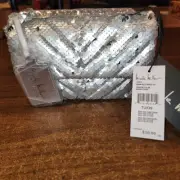 NEW Nicole Miller Silver Sequin Crossbody Bag Chain Strap Convertible Clutch