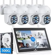[Camcamp] Wireless Security Camera System Outdoor with 10.1" LCD Monitor, 4Pc 2K Dual Lens PTZ Security Cameras, 10X Zoom, Color Night Vision,Auto Tracking,2-Way Audio,10CH Expandable NVR, 500GB HDD