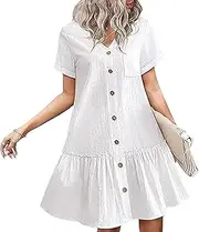 [Generic] Women's Casual V Neck Button Short Sleeve Dress Cotton Linen Beach Summer Mini Cover Up Dresses