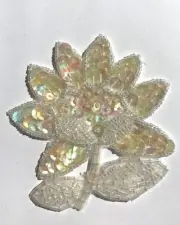2 pcs White Sunflower Floral Beaded Sequined Sew-On Applique Craft Patch Vintage