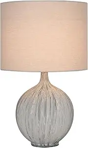 [Lexi Lighting] Zaya Ceramic Table Lamp, Blue Combed Textured Base, Ecru Linen Fabric Drum Lampshade, H50cm, E27, Nightstand Desk Light for Traditional and Contemporary Home Hotel Showroom Interiors