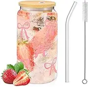 Forbabe 1 x 500 ml bow glass cup with lid and straw, 16 oz long drink glasses, glass tumbler for coffee, soda, cocktails and more
